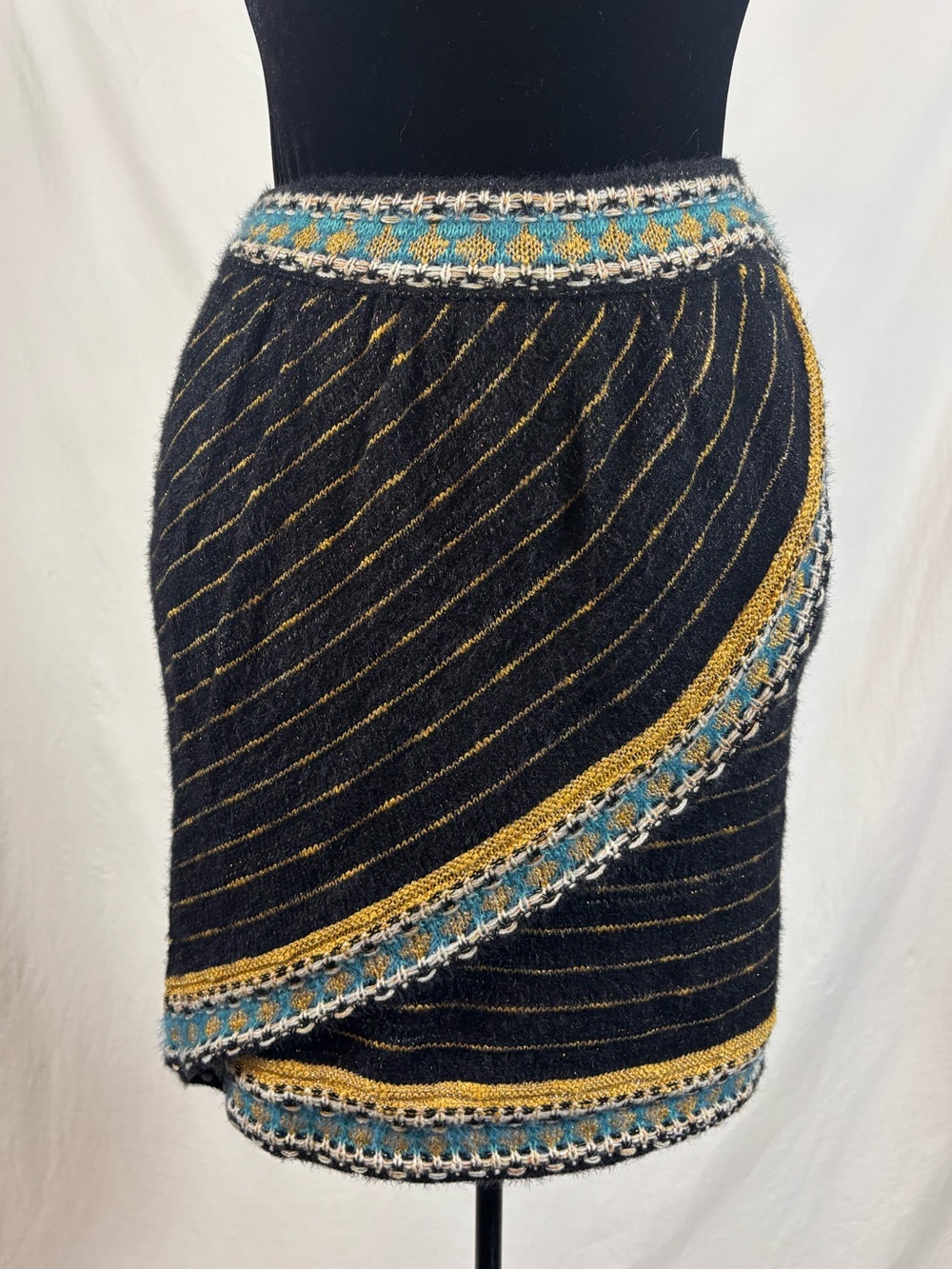 Black Gold Metallic Knit Wrap Mini Skirt Y2K Boho Artsy Festival Statement Small